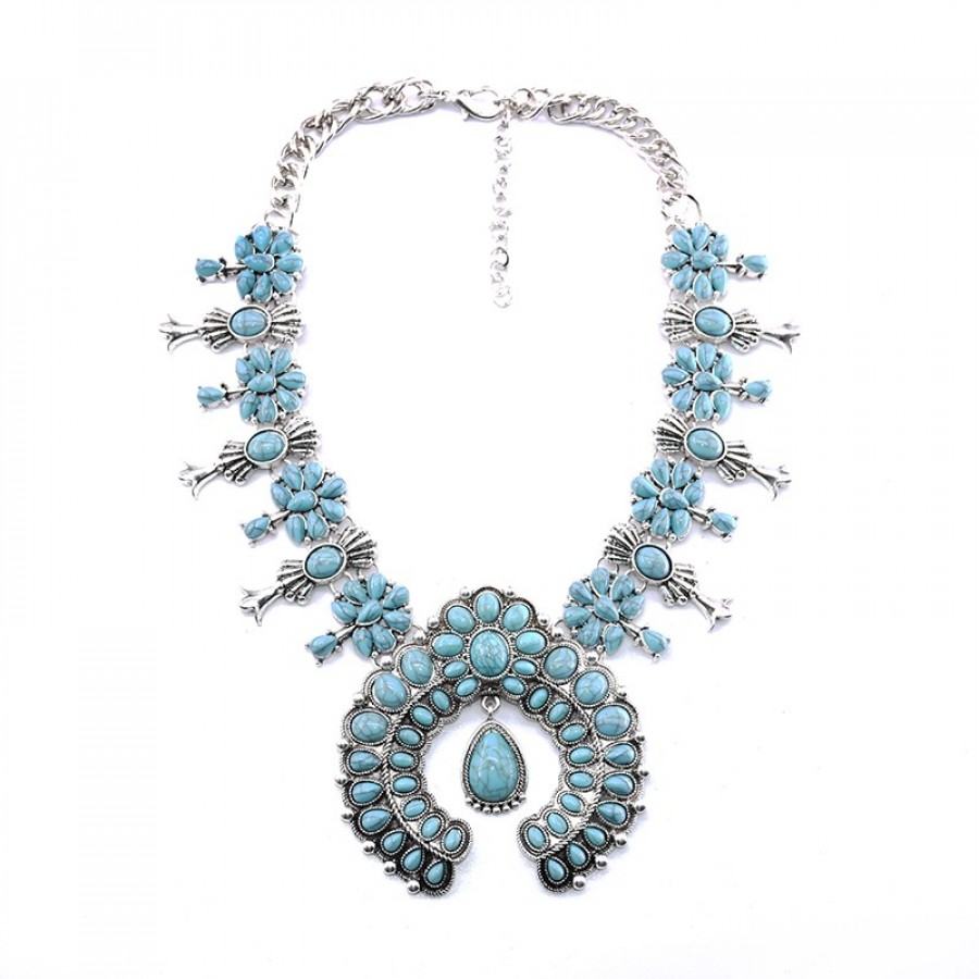 Silver Blue, Turquoise, Green Ornate Gem Bib Necklace – TGI Jewelry