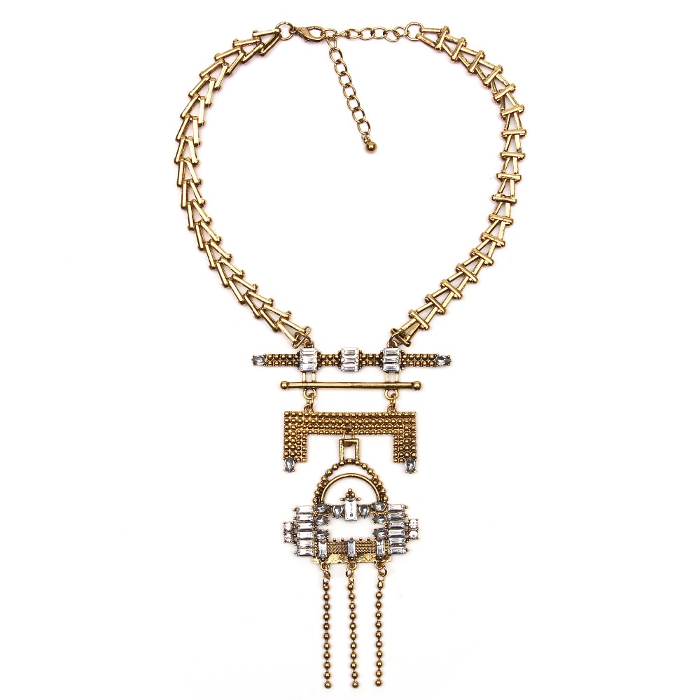 Aztec Diamante Art Deco Antique Gold Long Statement Necklace