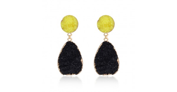 Black Yellow Druzy Quartz Crystal Round Stud Statement Earrings