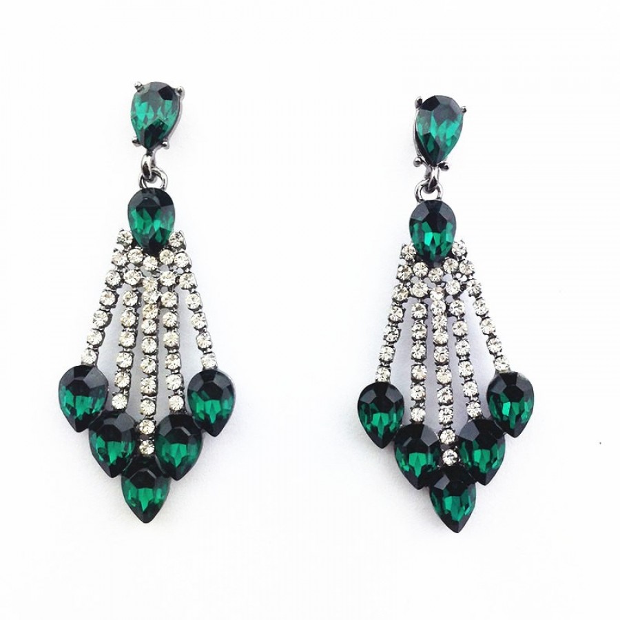 Emerald Green Crystal Cascade Drop Statement Earrings