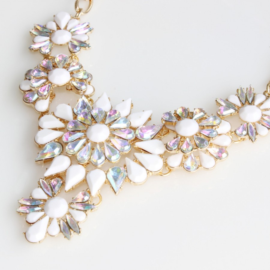 Princess Aurora Ivory White Borealis Stone Flower Statement Bib Necklace