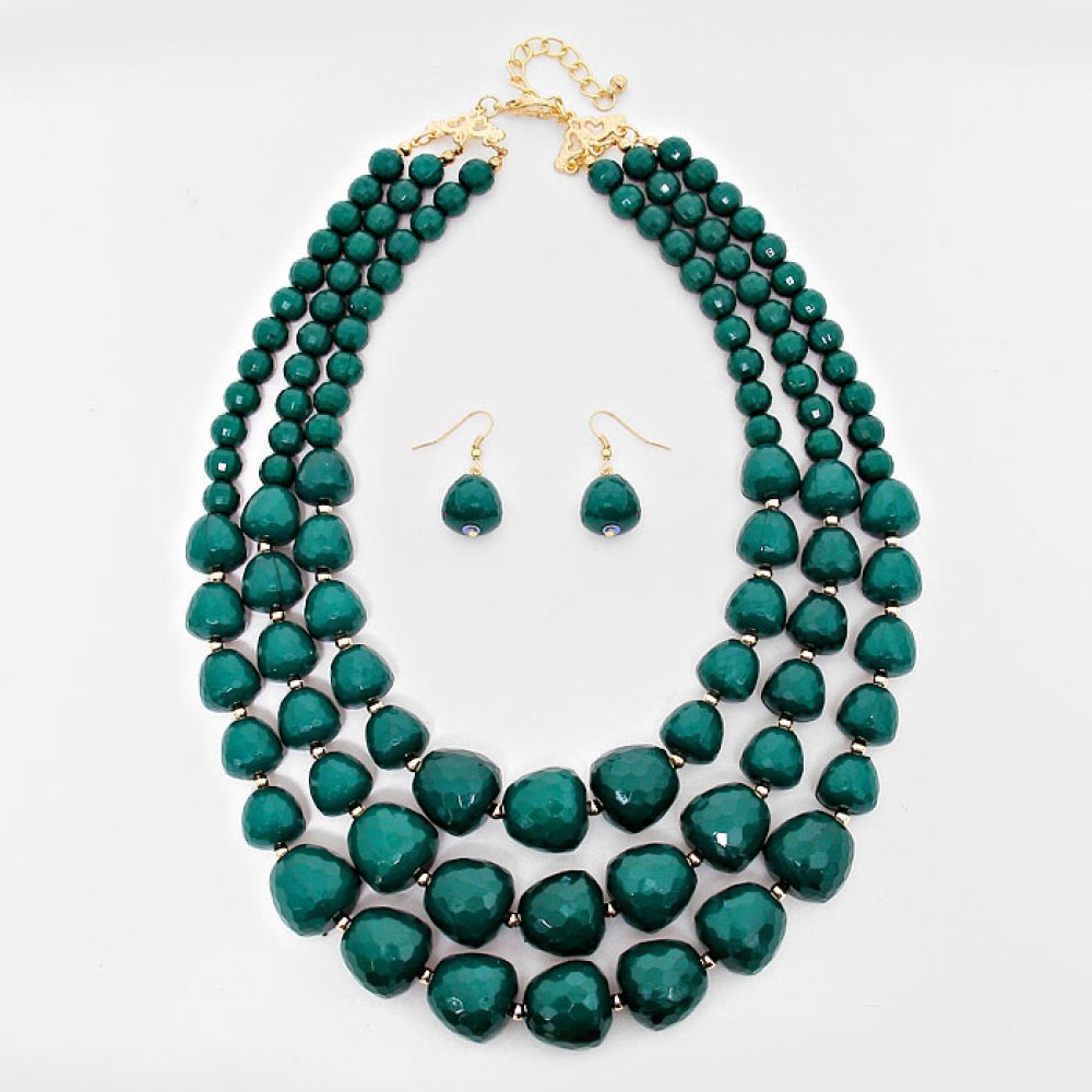 Hunter Green Faceted Beads Three-row Layered Statement Bib Necklace