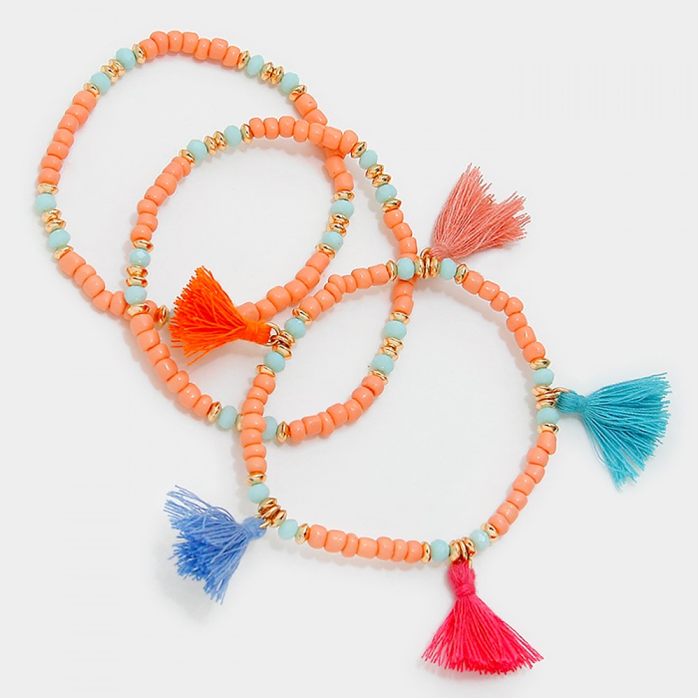 Multicolored Thread Tassel Charm Beaded Multistrand Bracelet