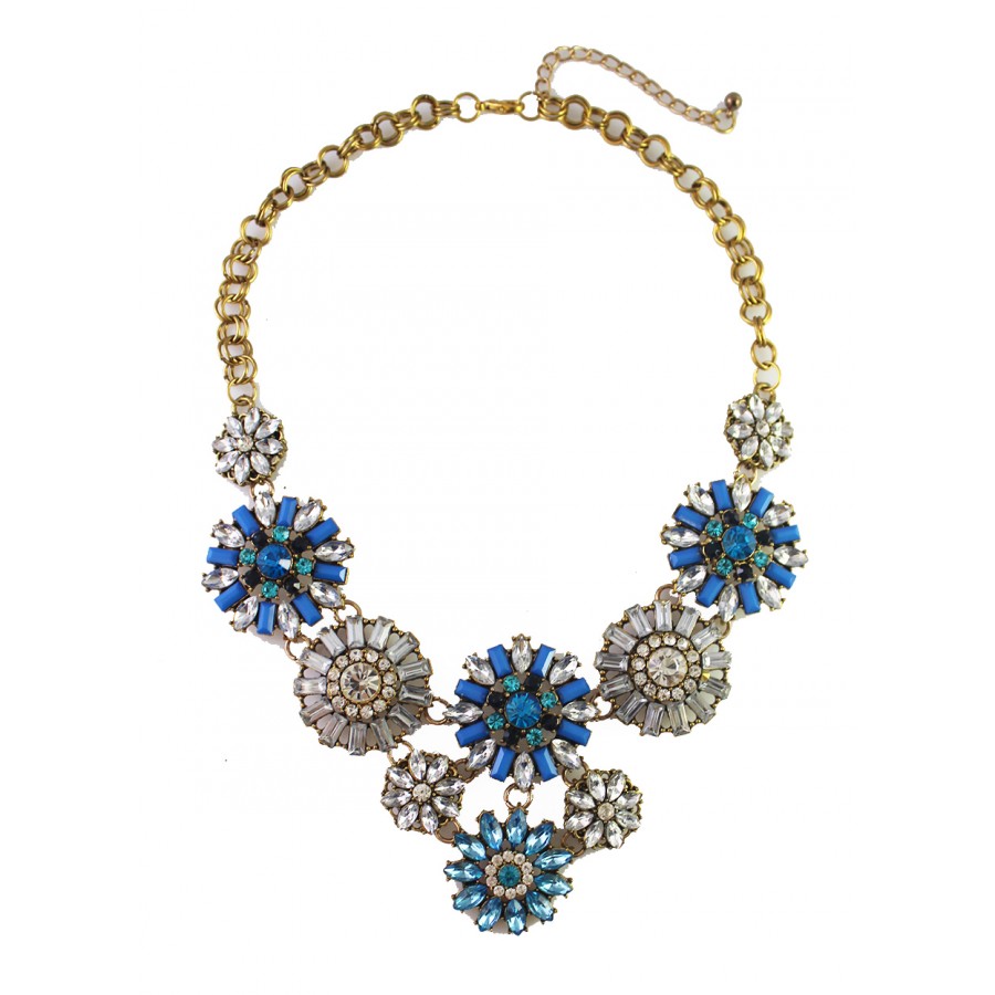 Midnight Stone Flower Bouquet Icy Blue Crystal Statement Necklace