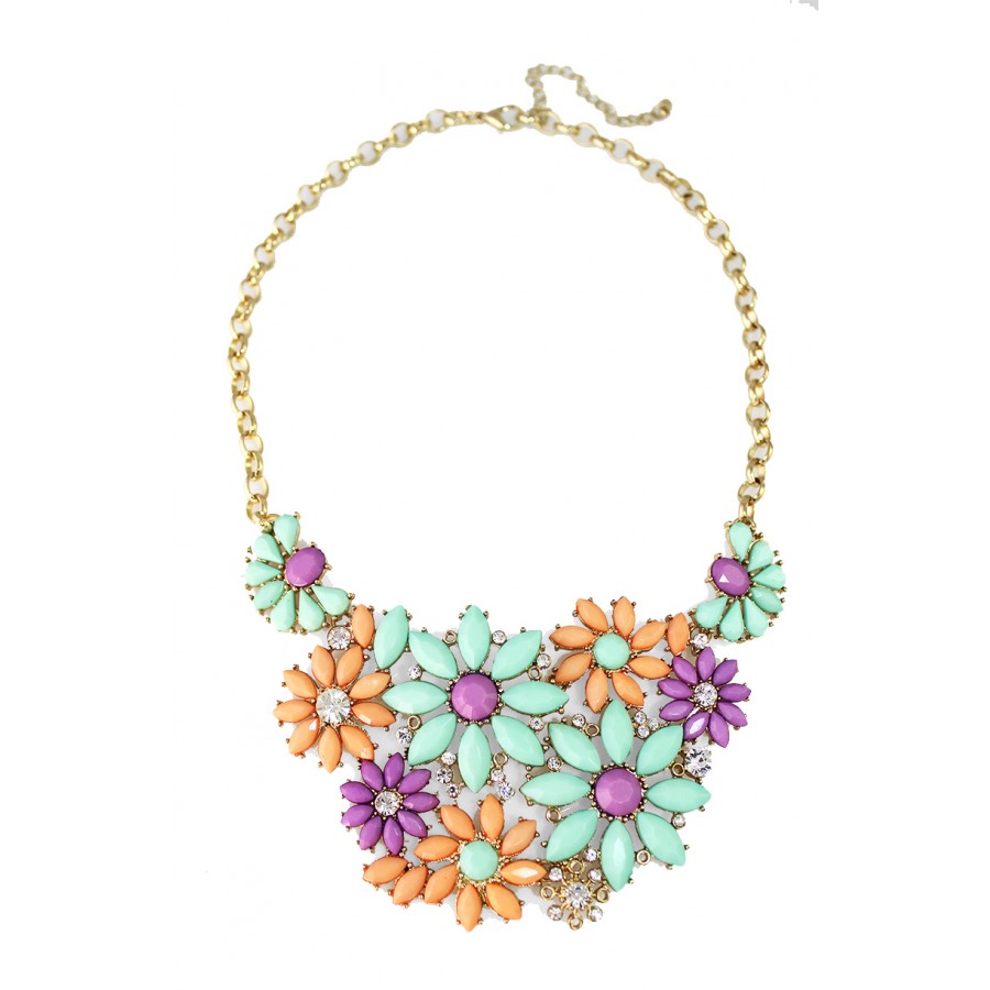 GUESS Gold-Tone Mixed Color Stone Flower Statement Necklace, 16