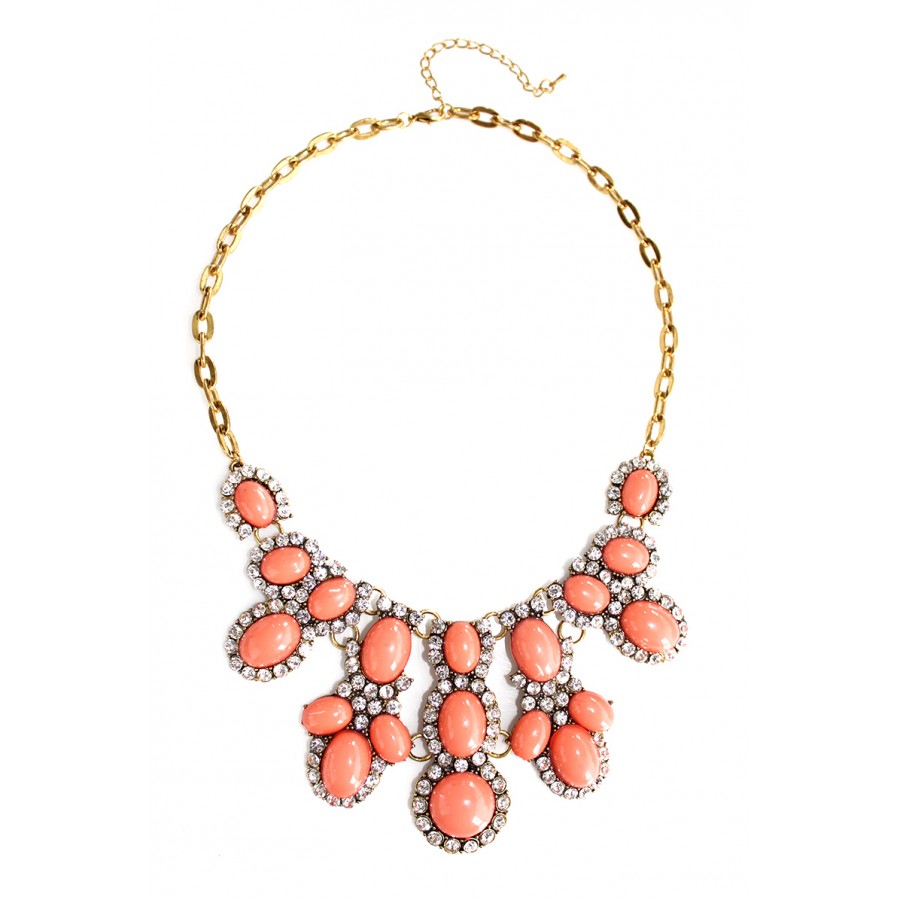 Coral Crystal Encrusted Cabochon Stone Cluster Statement Necklace