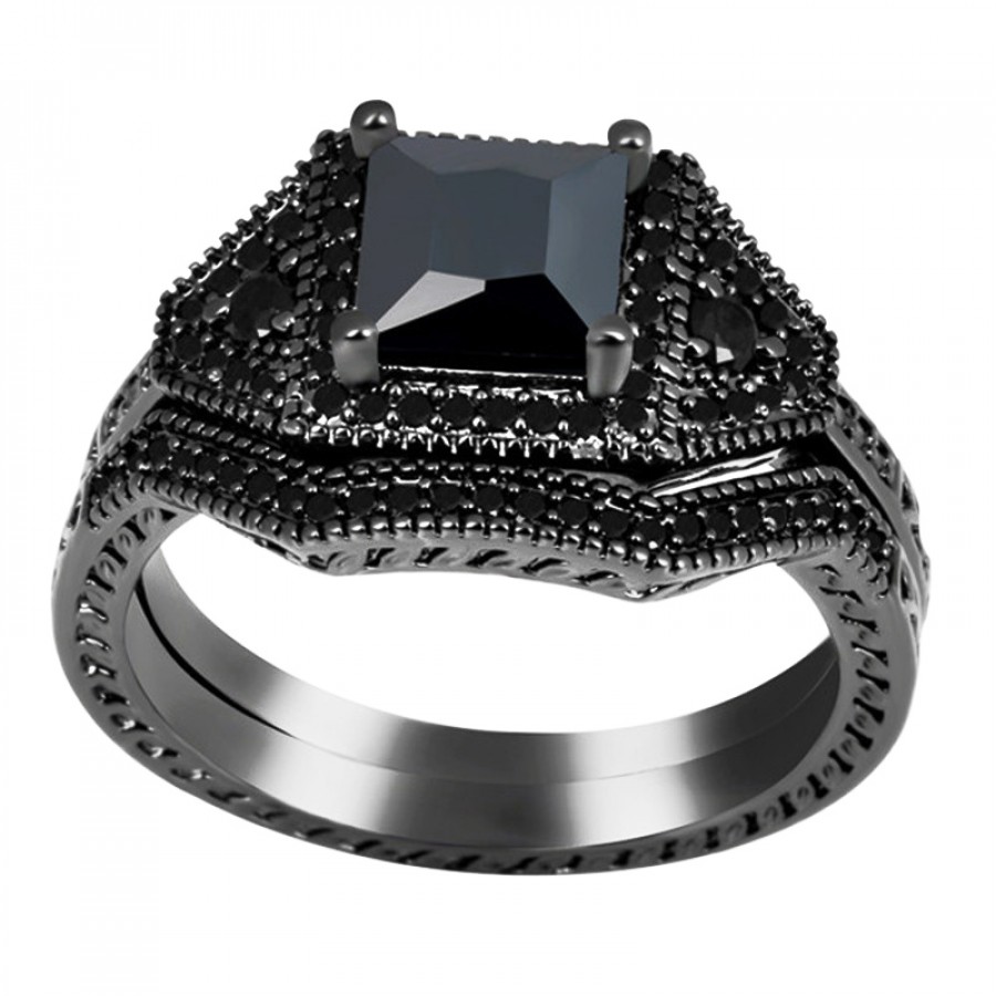 Black Square Cut Crystal Black Gold Filled Statement Double Ring