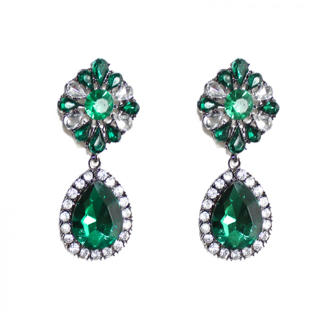 Myrcella Emerald Green Floral Crystal Drop Statement Earrings