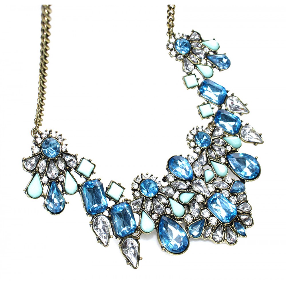Icy Mint Blue Crystal Geo Stones Statement Bib Necklace