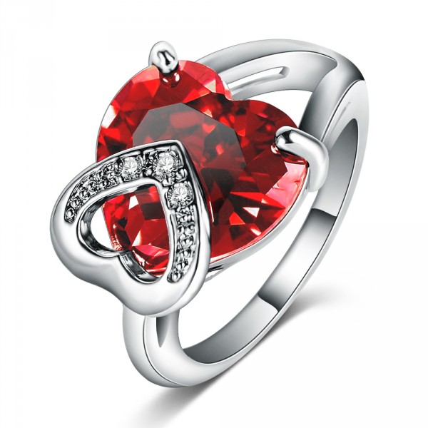 Ruby Red Heart Austrian Crystal Encrusted Valentines Gift Silver Ring