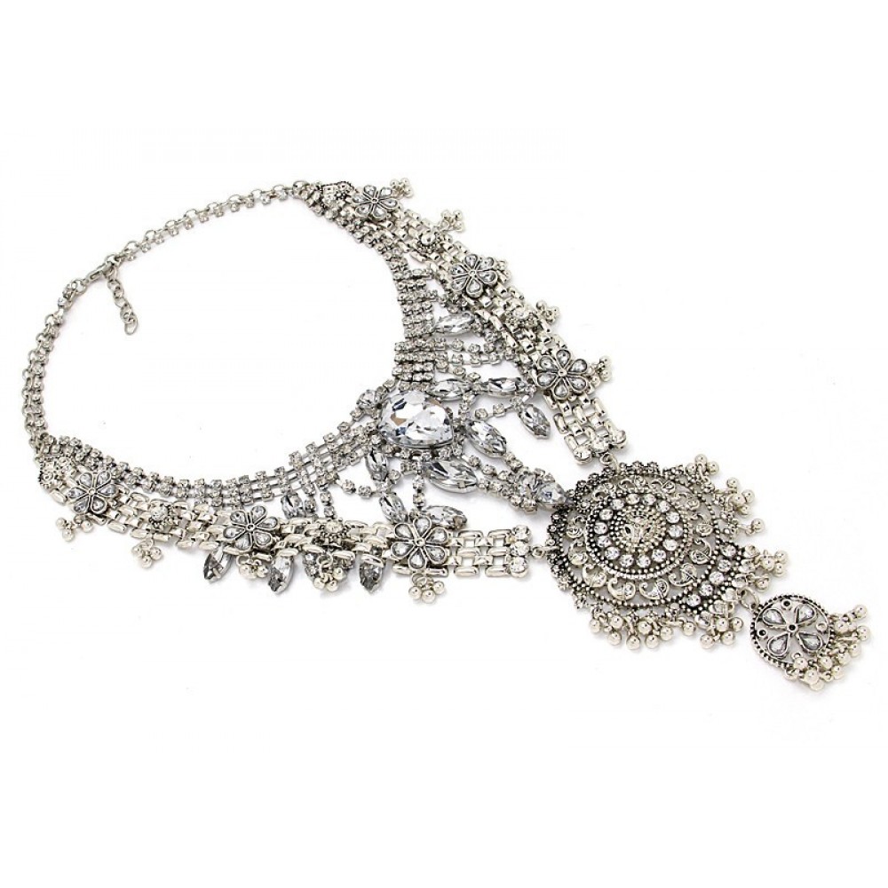 Silver Crystal Waterfall Diamante Encrusted Bib Super Statement Necklace