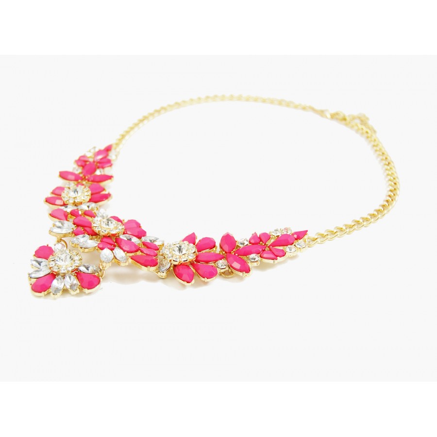 Amaryllis Hot Pink Stone Flower Cluster Crystal Statement Necklace