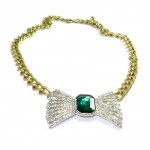 Retro Emerald Green Stone Crystal Bow Pendant Necklace