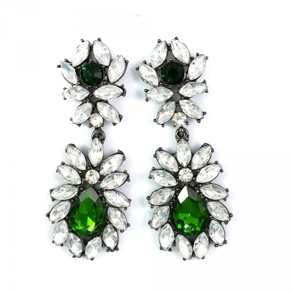 Emerald Fern Dripping Crystal CZ Gunmetal Statement Drop Stud Earrings