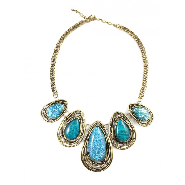 Marbled Teal Teardrop Wired Stones Statement Necklace