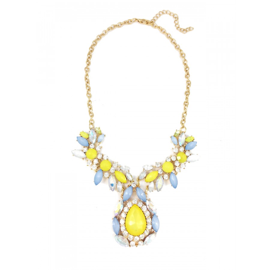 Pastel Yellow Flower Marquise Opalline Stone Cluster Statement Necklace