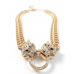 Leopard Head Duo Crystal Paved Statement Chunky Gold Necklace