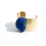 Cobalt Druzy Faux Stone Open Cuff Statement Bracelet Antique Gold