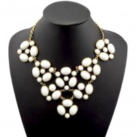 White Oval Bubble Floral Bib Statement Necklace